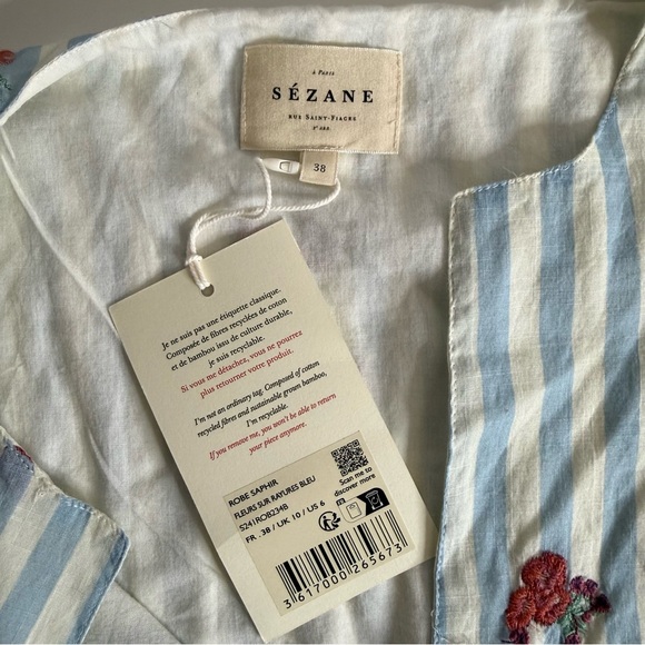 Sézane Saphir Mini Dress Floral Embroidery Blue White Striped US 6 NWT - Picture 12 of 14